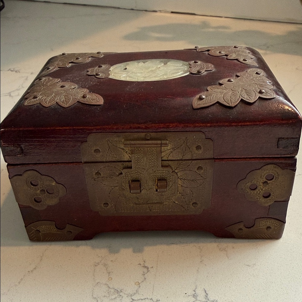 Shanghai Chinese Rosewood Jade Medallion Engraved Brass Green Satin Jewelry Box